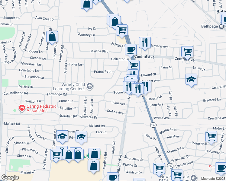 map of restaurants, bars, coffee shops, grocery stores, and more near 25 Boone Street in Bethpage