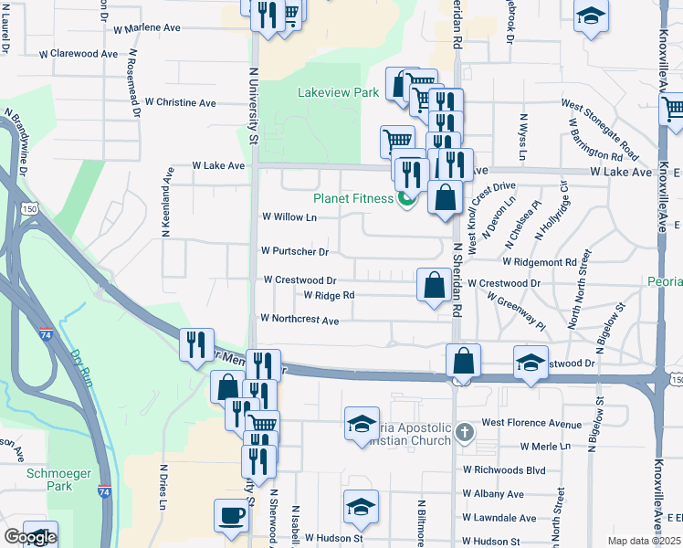 map of restaurants, bars, coffee shops, grocery stores, and more near 1009 West Crestwood Drive in Peoria