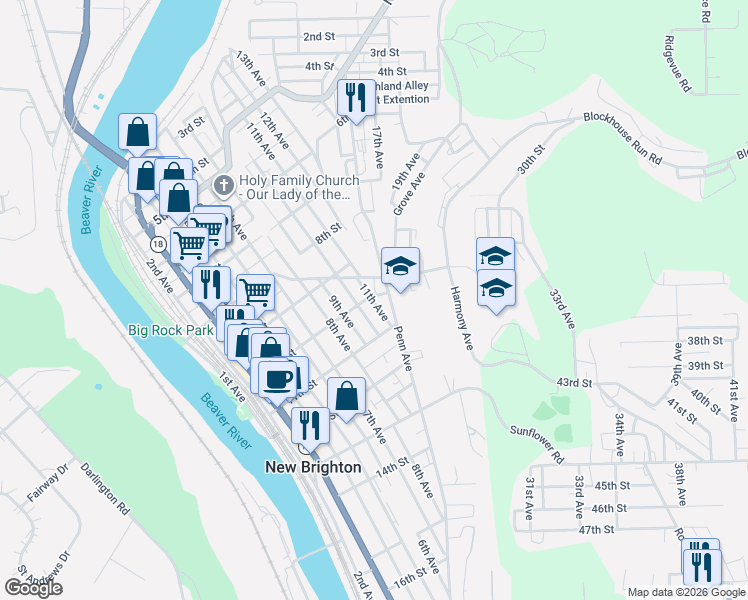 map of restaurants, bars, coffee shops, grocery stores, and more near 1012 Penn Avenue in New Brighton