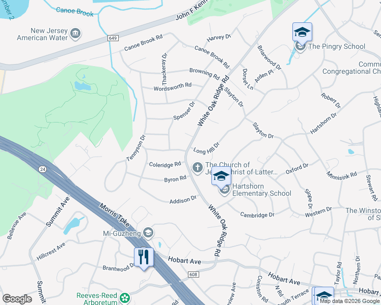 map of restaurants, bars, coffee shops, grocery stores, and more near 158 Long Hill Drive in Millburn