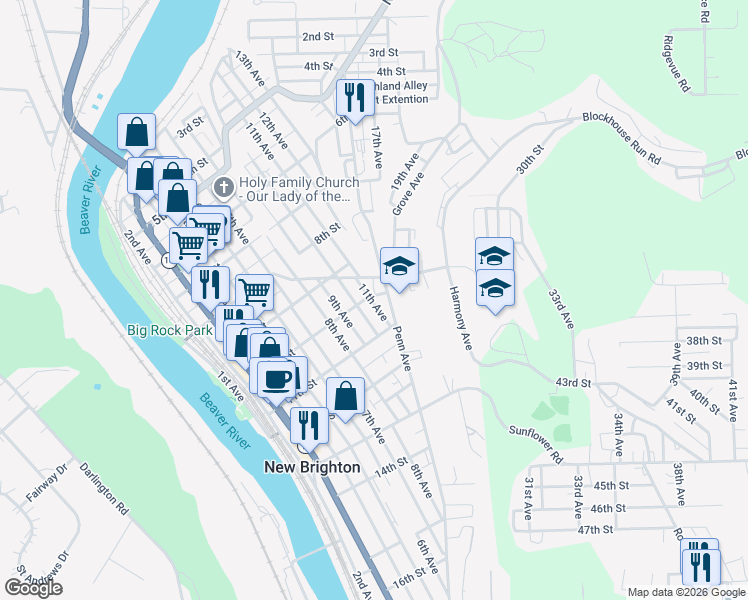 map of restaurants, bars, coffee shops, grocery stores, and more near 1012 Penn Avenue in New Brighton