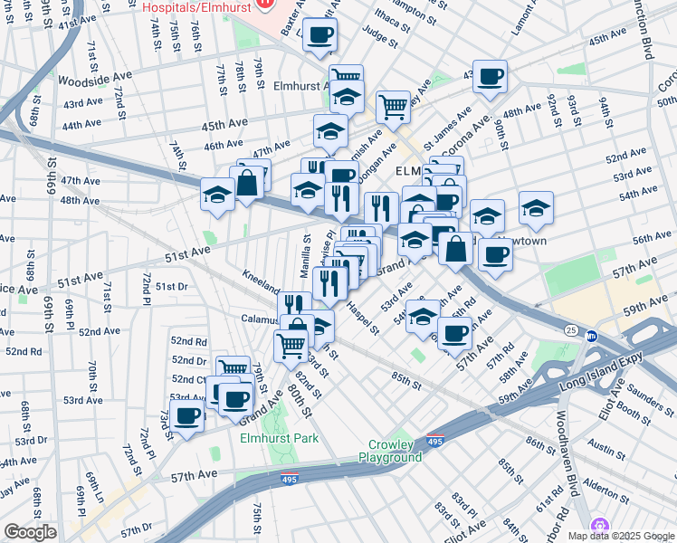 map of restaurants, bars, coffee shops, grocery stores, and more near 51-60 Van Kleeck Street in Queens