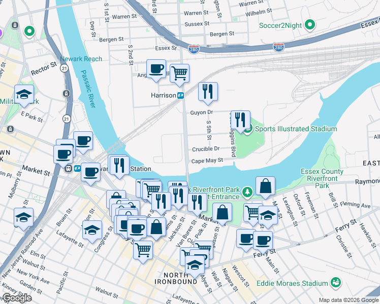 map of restaurants, bars, coffee shops, grocery stores, and more near 1200 Frank E Rodgers Boulevard South in Harrison