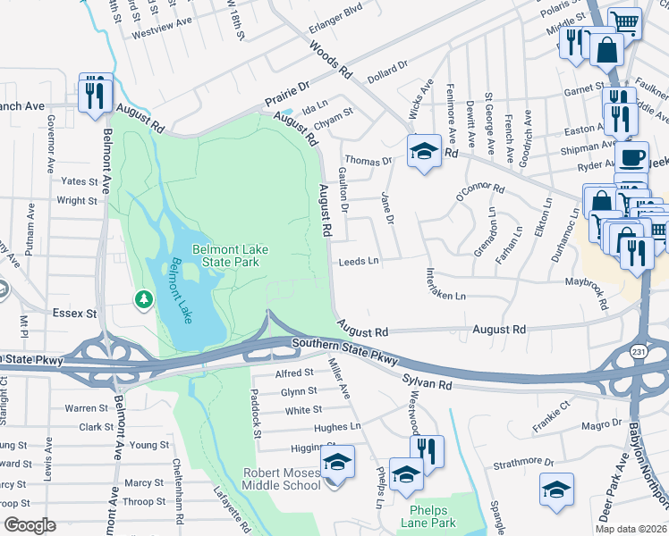 map of restaurants, bars, coffee shops, grocery stores, and more near 1688 August Road in North Babylon