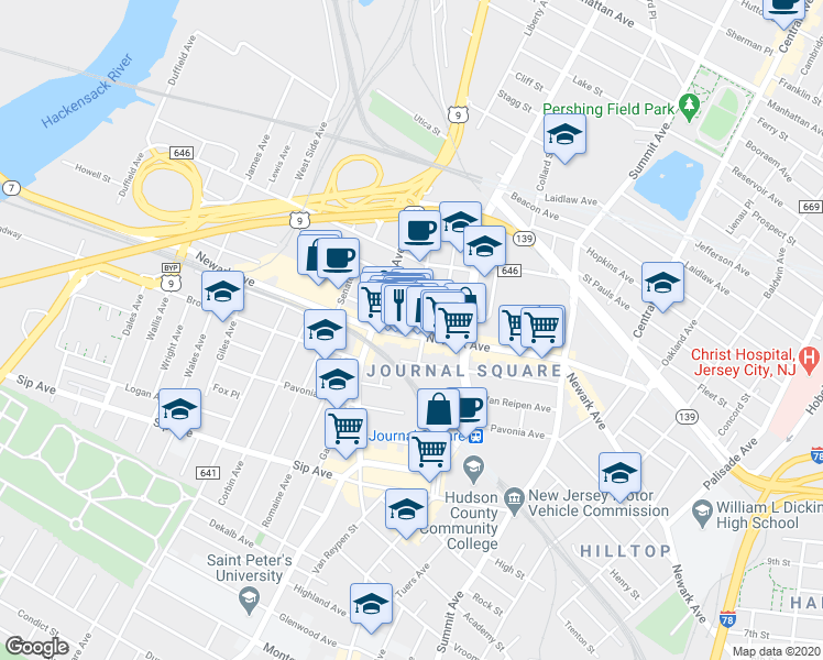 map of restaurants, bars, coffee shops, grocery stores, and more near 806 Newark Avenue in Jersey City