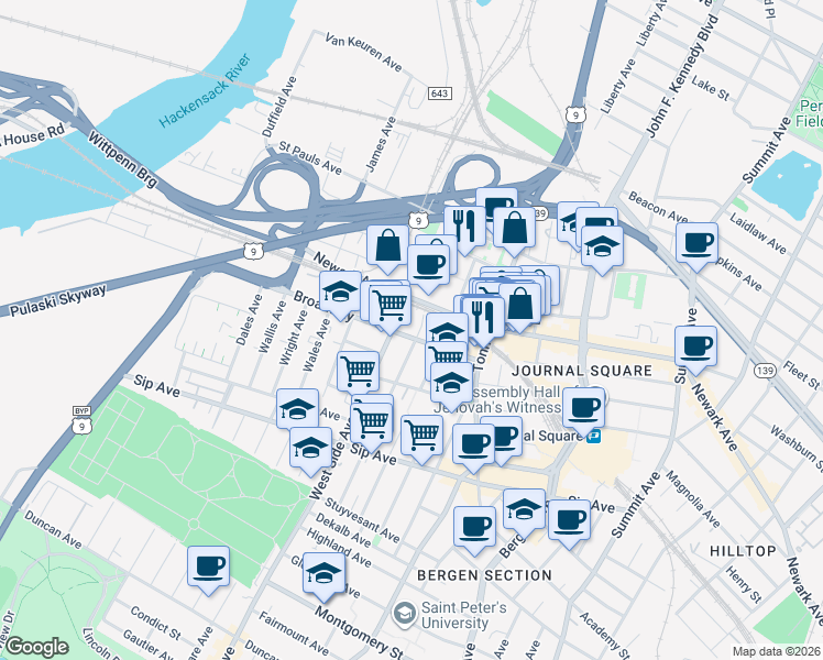 map of restaurants, bars, coffee shops, grocery stores, and more near 53 Broadway in Jersey City
