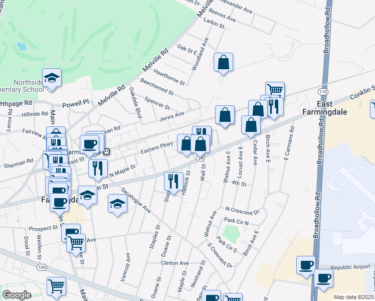 map of restaurants, bars, coffee shops, grocery stores, and more near 6 Dean Street in Farmingdale