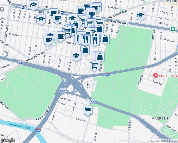 map of restaurants, bars, coffee shops, grocery stores, and more near 50-67 46th Street in Queens