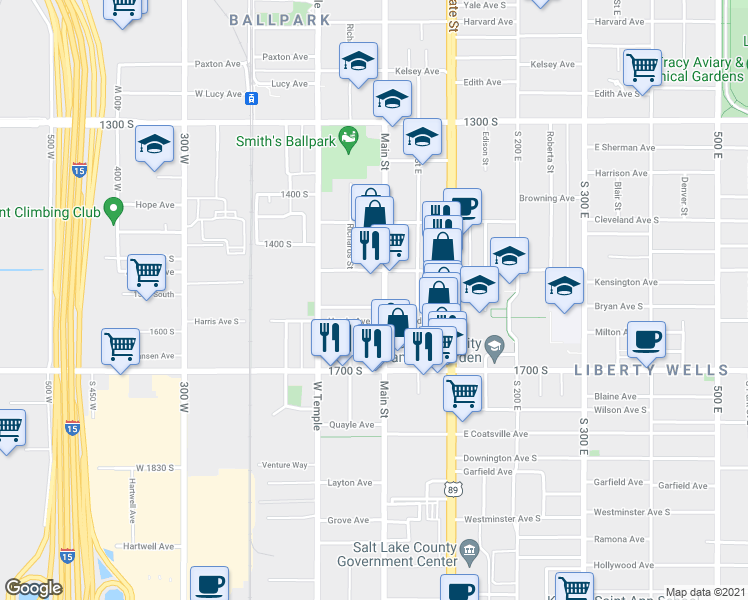 map of restaurants, bars, coffee shops, grocery stores, and more near 1575 South Main Street in Salt Lake City
