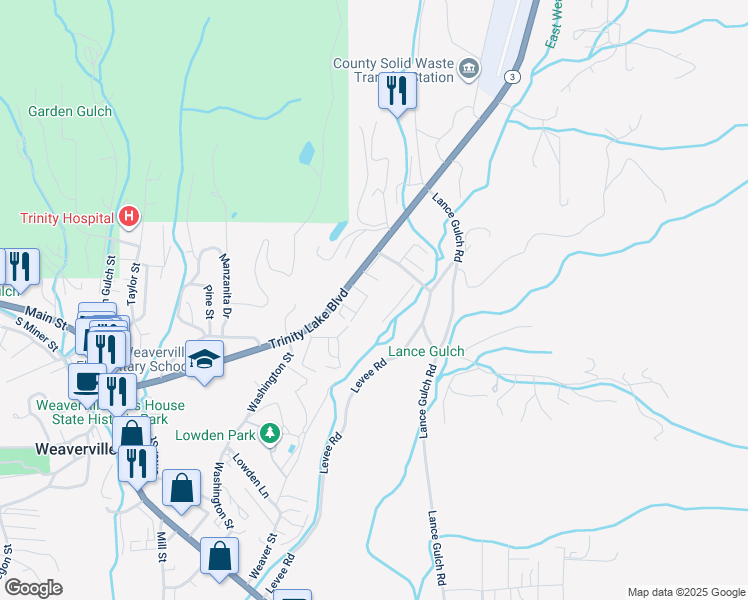map of restaurants, bars, coffee shops, grocery stores, and more near Horseshoe Lane in Weaverville
