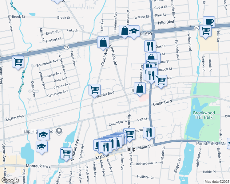 map of restaurants, bars, coffee shops, grocery stores, and more near in Islip