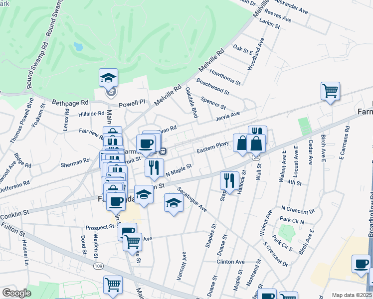 map of restaurants, bars, coffee shops, grocery stores, and more near 22 Atlantic Avenue in Farmingdale