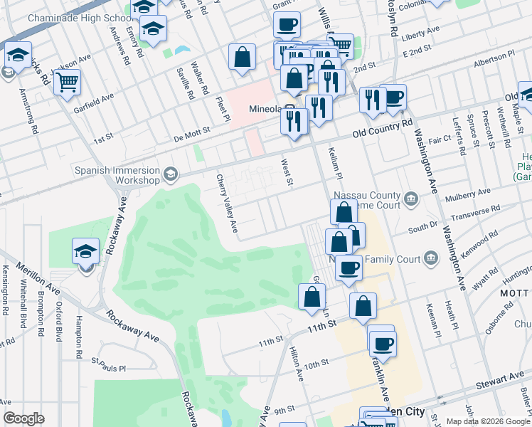map of restaurants, bars, coffee shops, grocery stores, and more near 10 Andover Court in Garden City