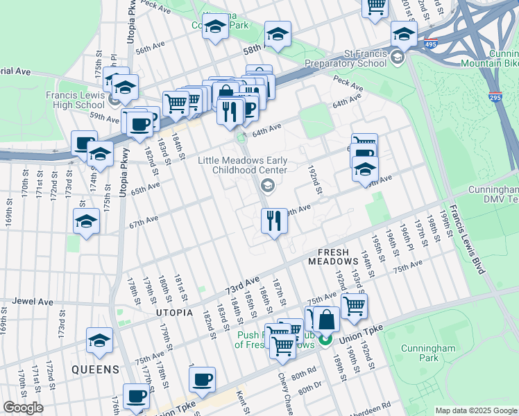 map of restaurants, bars, coffee shops, grocery stores, and more near 64-05 186th Ln in Queens