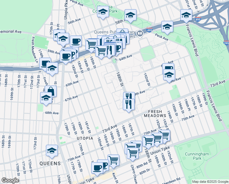 map of restaurants, bars, coffee shops, grocery stores, and more near 67-36A 186th Lane in Queens