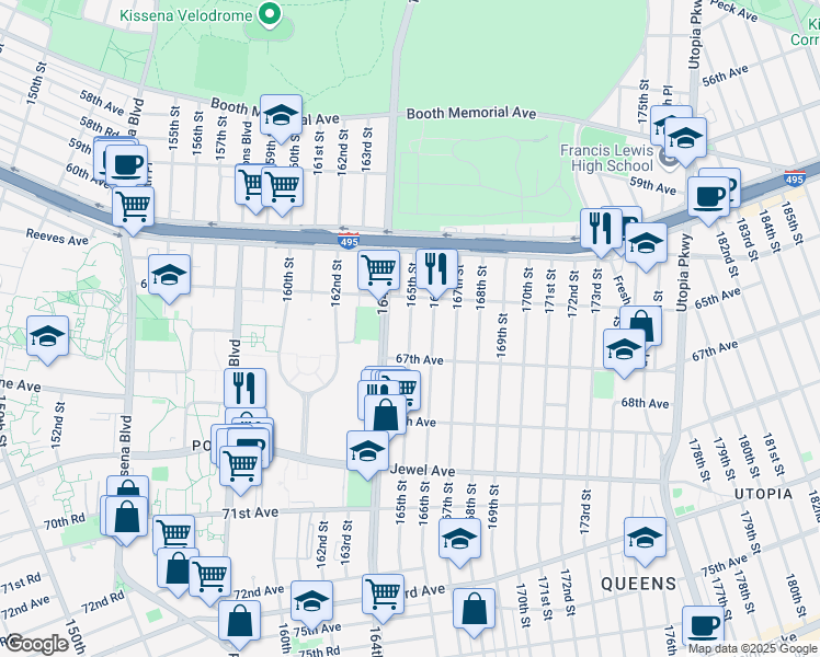 map of restaurants, bars, coffee shops, grocery stores, and more near 65-41 164th Street in Queens
