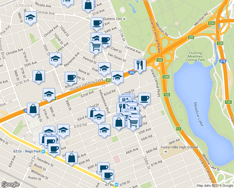 map of restaurants, bars, coffee shops, grocery stores, and more near in Queens