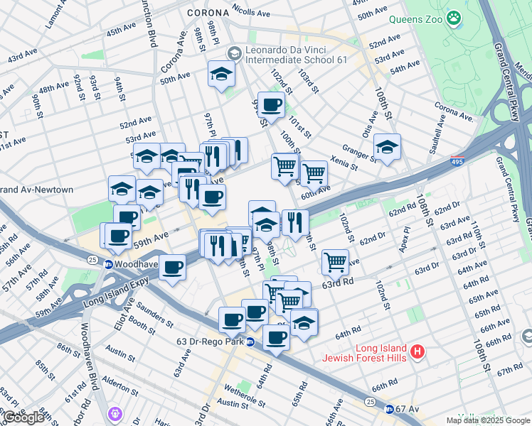 map of restaurants, bars, coffee shops, grocery stores, and more near 9715 Horace Harding Expressway in Queens