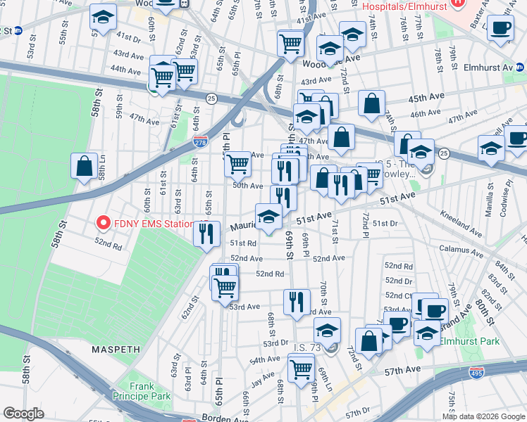 map of restaurants, bars, coffee shops, grocery stores, and more near 50-51 67th Street in Queens