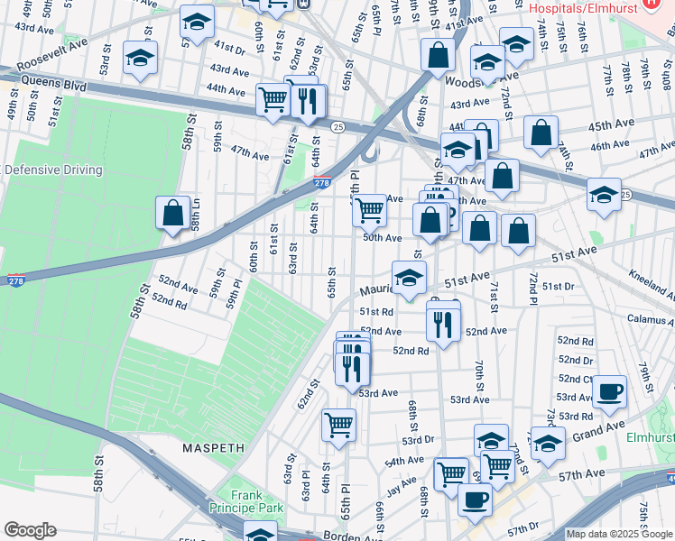 map of restaurants, bars, coffee shops, grocery stores, and more near 51-01 65th Street in Queens