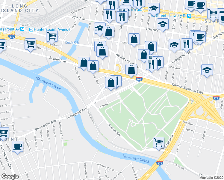 map of restaurants, bars, coffee shops, grocery stores, and more near 3235 Greenpoint Avenue in Queens