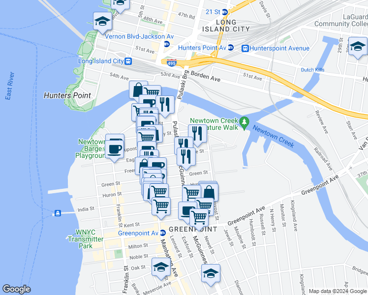 map of restaurants, bars, coffee shops, grocery stores, and more near 223 Eagle Street in Brooklyn