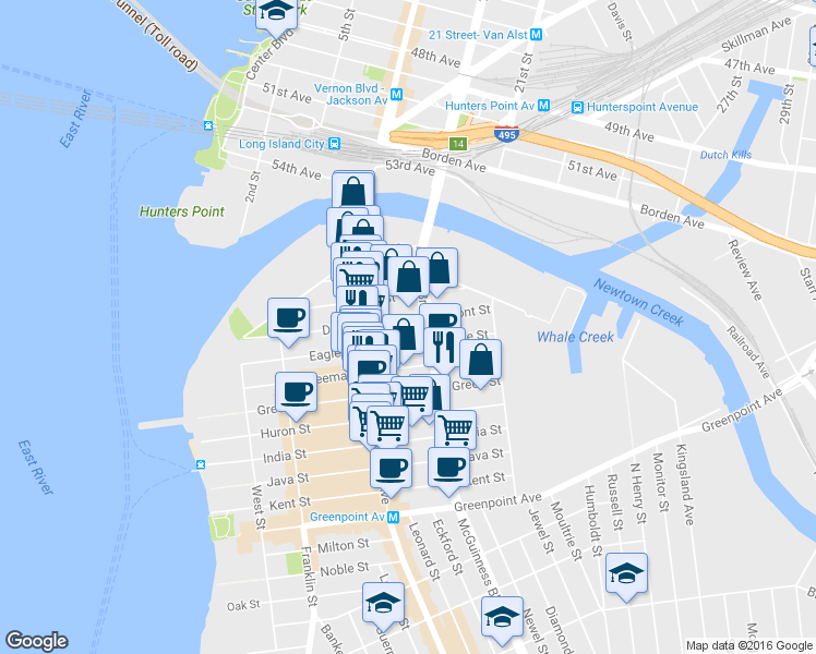 map of restaurants, bars, coffee shops, grocery stores, and more near 187 Eagle Street in Brooklyn