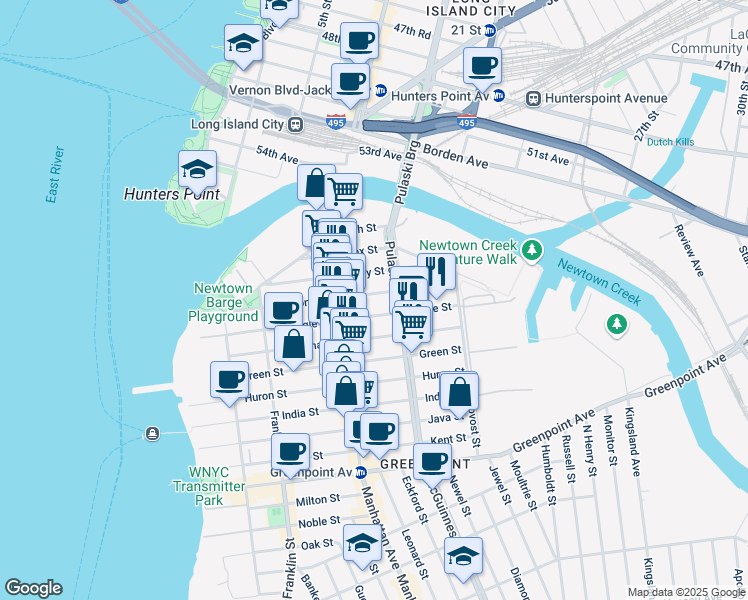 map of restaurants, bars, coffee shops, grocery stores, and more near 187 Eagle Street in Brooklyn