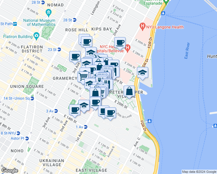 map of restaurants, bars, coffee shops, grocery stores, and more near 370 1st Avenue in New York