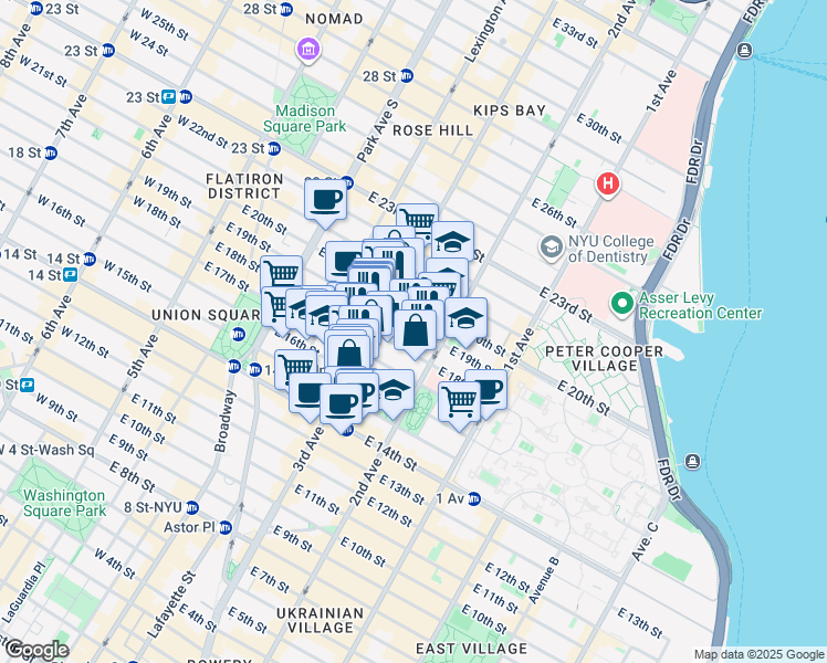 map of restaurants, bars, coffee shops, grocery stores, and more near 211 East 18th Street in New York