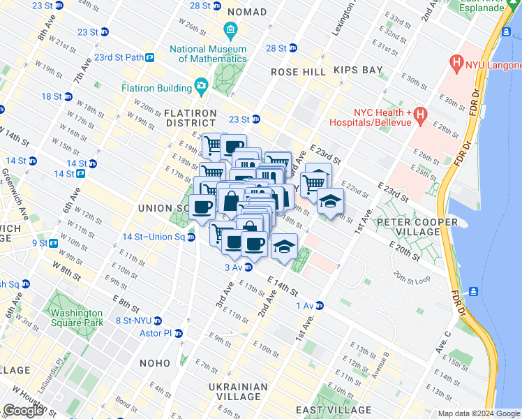 map of restaurants, bars, coffee shops, grocery stores, and more near 192 3rd Avenue in New York