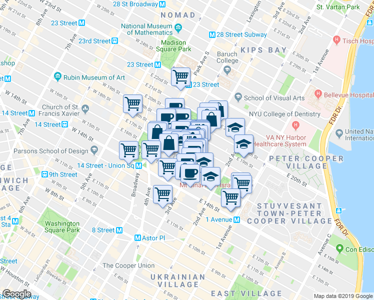 map of restaurants, bars, coffee shops, grocery stores, and more near 192 3rd Avenue in New York