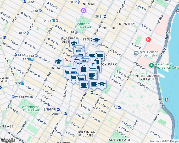 map of restaurants, bars, coffee shops, grocery stores, and more near 40 Irving Place in New York