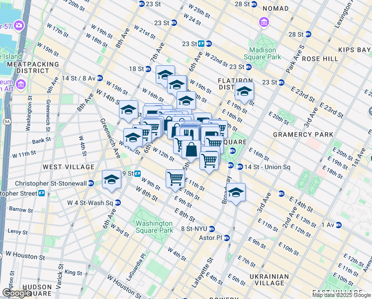 map of restaurants, bars, coffee shops, grocery stores, and more near 10 West 13th Street in New York
