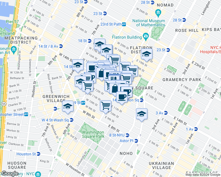 map of restaurants, bars, coffee shops, grocery stores, and more near 10 West 13th Street in New York