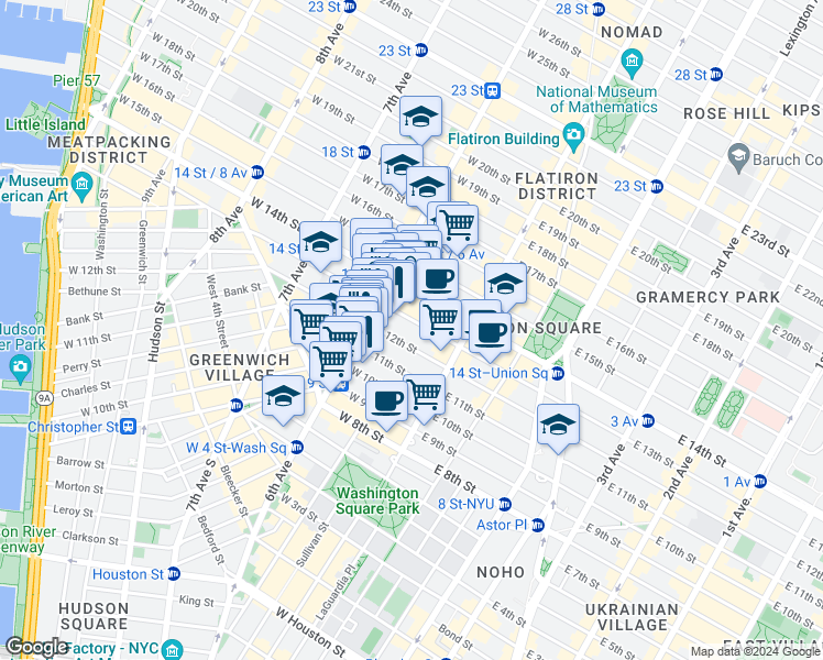 map of restaurants, bars, coffee shops, grocery stores, and more near 54 West 12th Street in New York