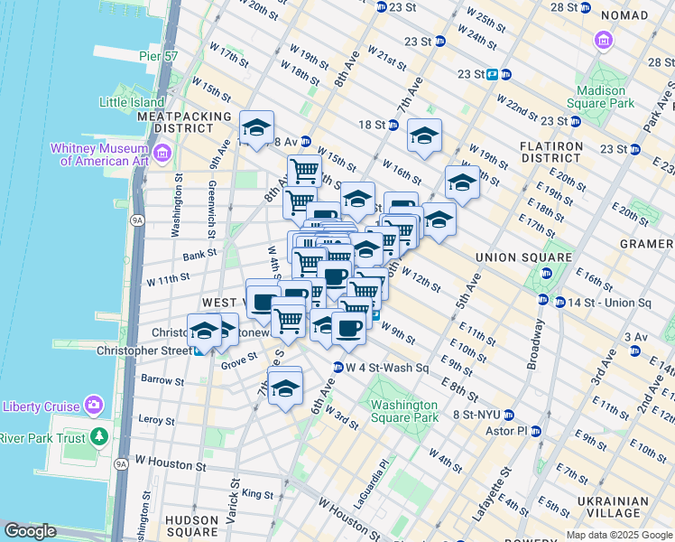 map of restaurants, bars, coffee shops, grocery stores, and more near 70 Greenwich Avenue in New York