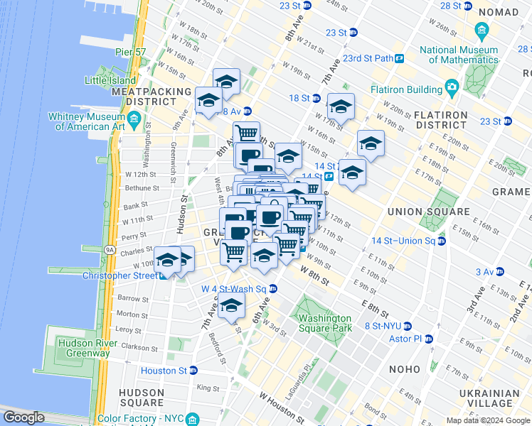 map of restaurants, bars, coffee shops, grocery stores, and more near 70 Greenwich Avenue in New York