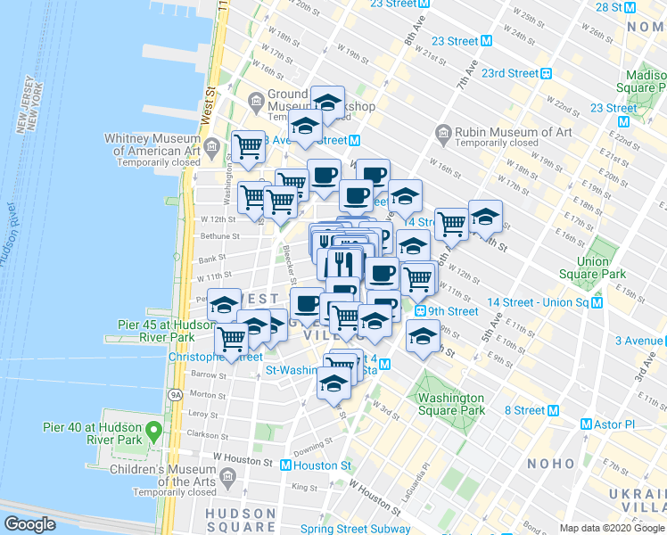 map of restaurants, bars, coffee shops, grocery stores, and more near 64 Charles Street in New York