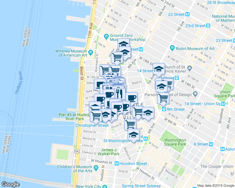 map of restaurants, bars, coffee shops, grocery stores, and more near 519 Hudson Street in New York