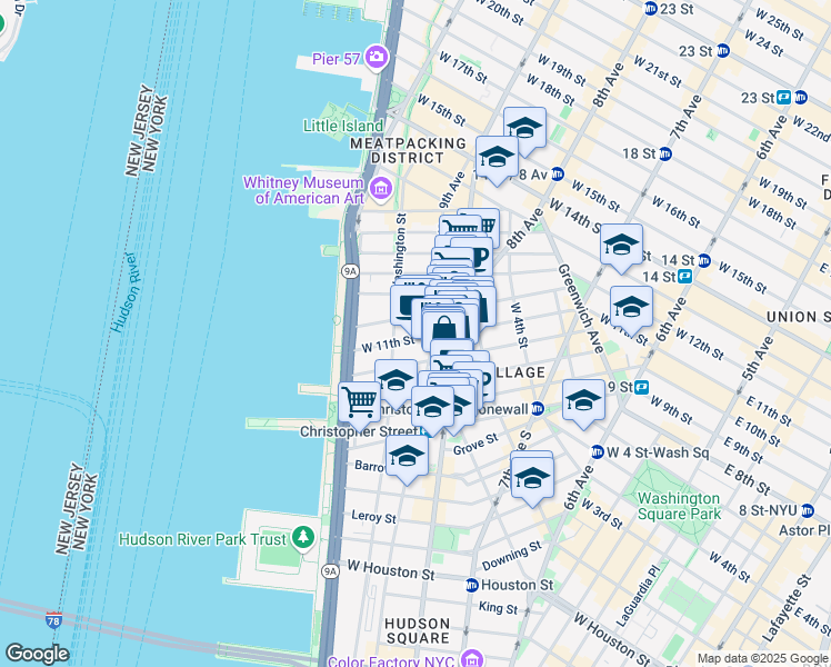 map of restaurants, bars, coffee shops, grocery stores, and more near 316 West 11th Street in New York