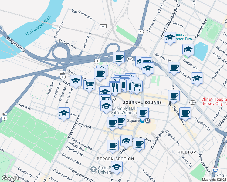 map of restaurants, bars, coffee shops, grocery stores, and more near in Jersey City