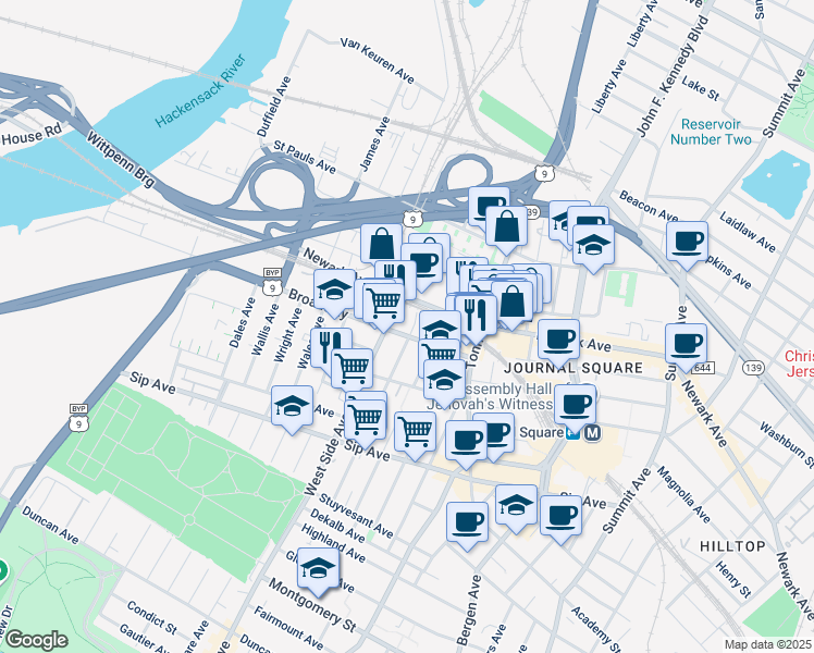 map of restaurants, bars, coffee shops, grocery stores, and more near in Jersey City