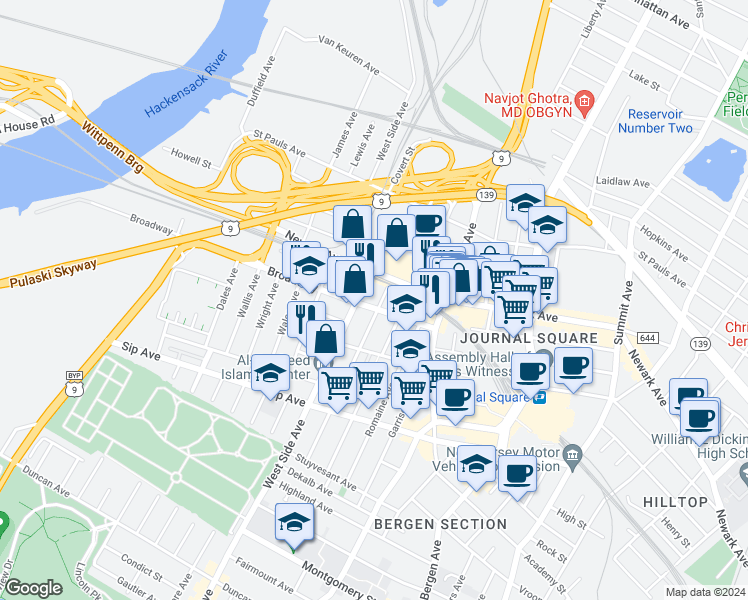 map of restaurants, bars, coffee shops, grocery stores, and more near in Jersey City