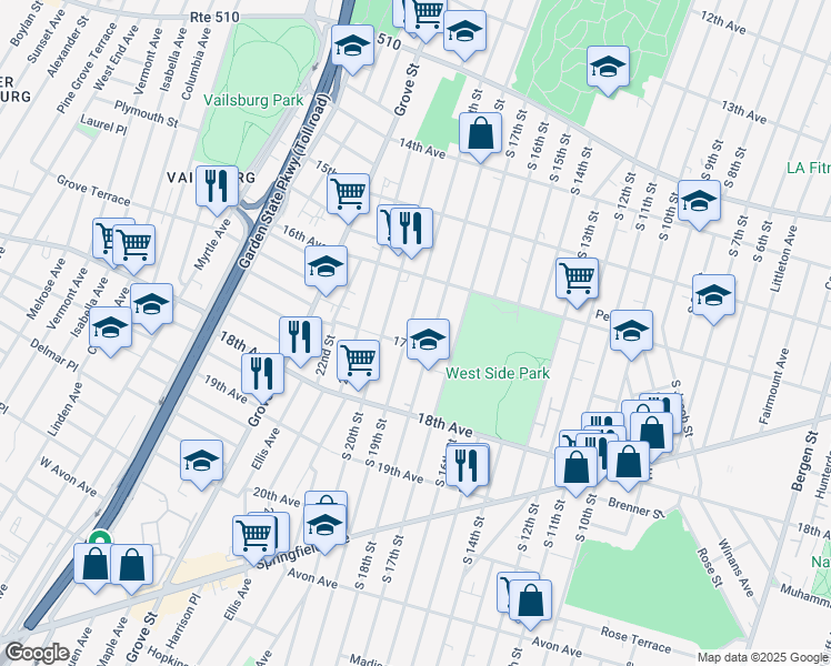 map of restaurants, bars, coffee shops, grocery stores, and more near 291 17th Avenue in Newark