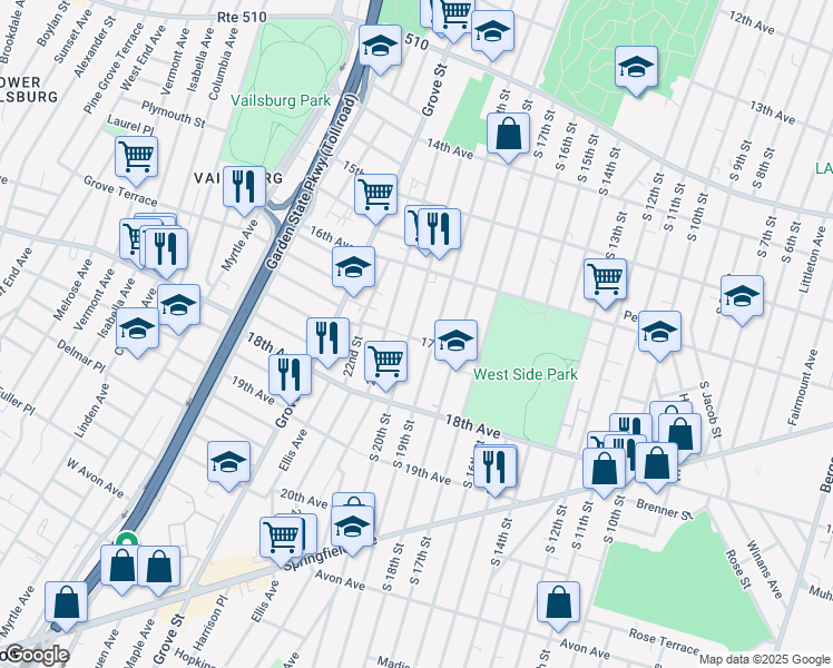 map of restaurants, bars, coffee shops, grocery stores, and more near 617 South 20th Street in Newark