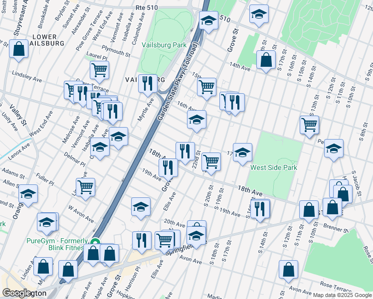 map of restaurants, bars, coffee shops, grocery stores, and more near 648 Grove Street in Irvington