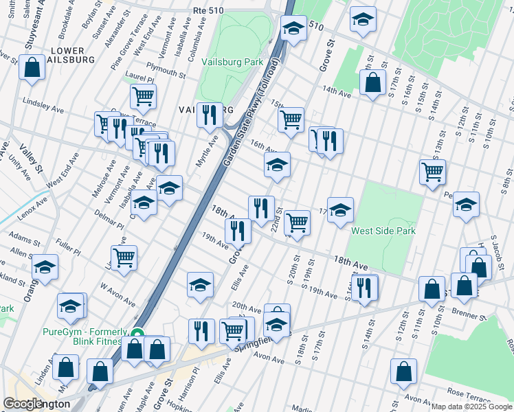map of restaurants, bars, coffee shops, grocery stores, and more near 648 Grove Street in Irvington