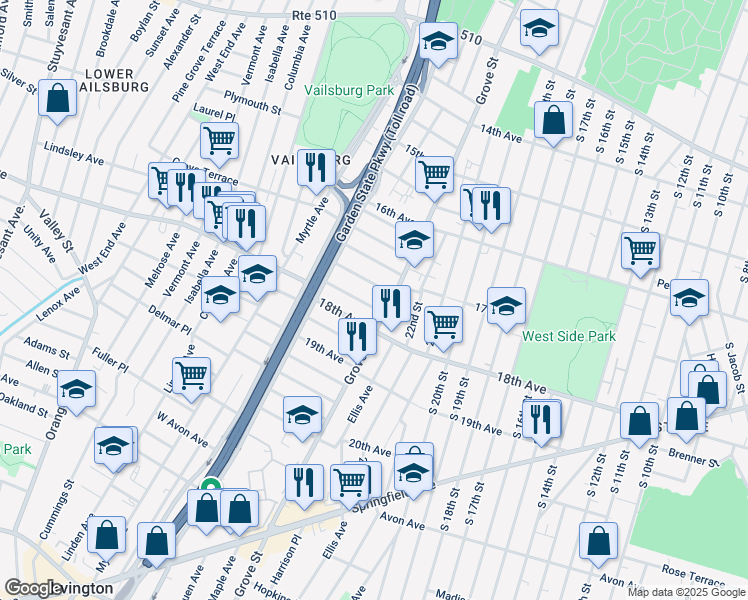 map of restaurants, bars, coffee shops, grocery stores, and more near 648 Grove Street in Irvington