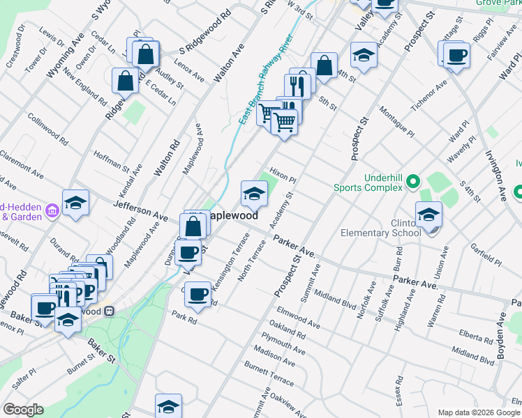 map of restaurants, bars, coffee shops, grocery stores, and more near 525 Academy Street in Maplewood